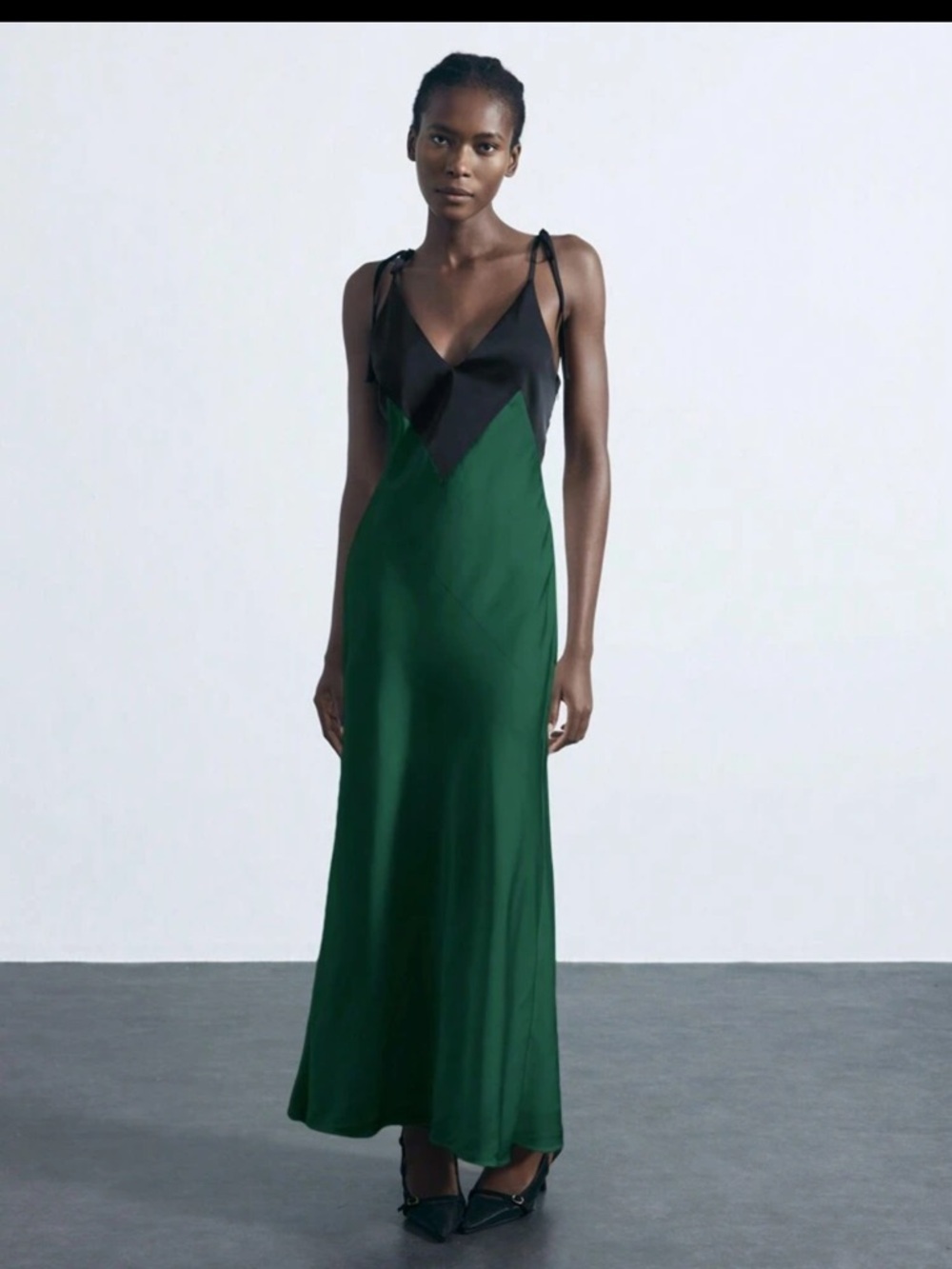 Satin Two-Tone Maxi Slip Dress in Emerald Green - Picture 3 of 4